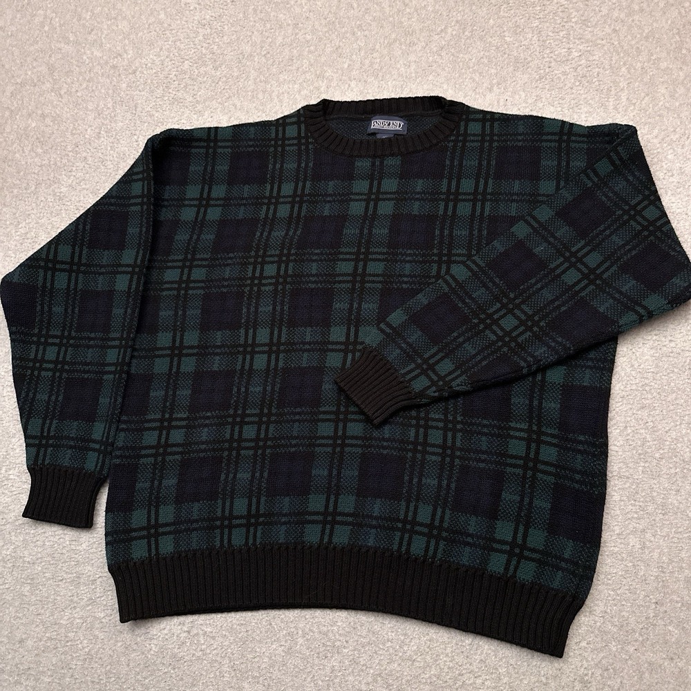 Vintage Lands' End Sweater Mens Large Blackwatch Plaid Crewneck Made in USA‎